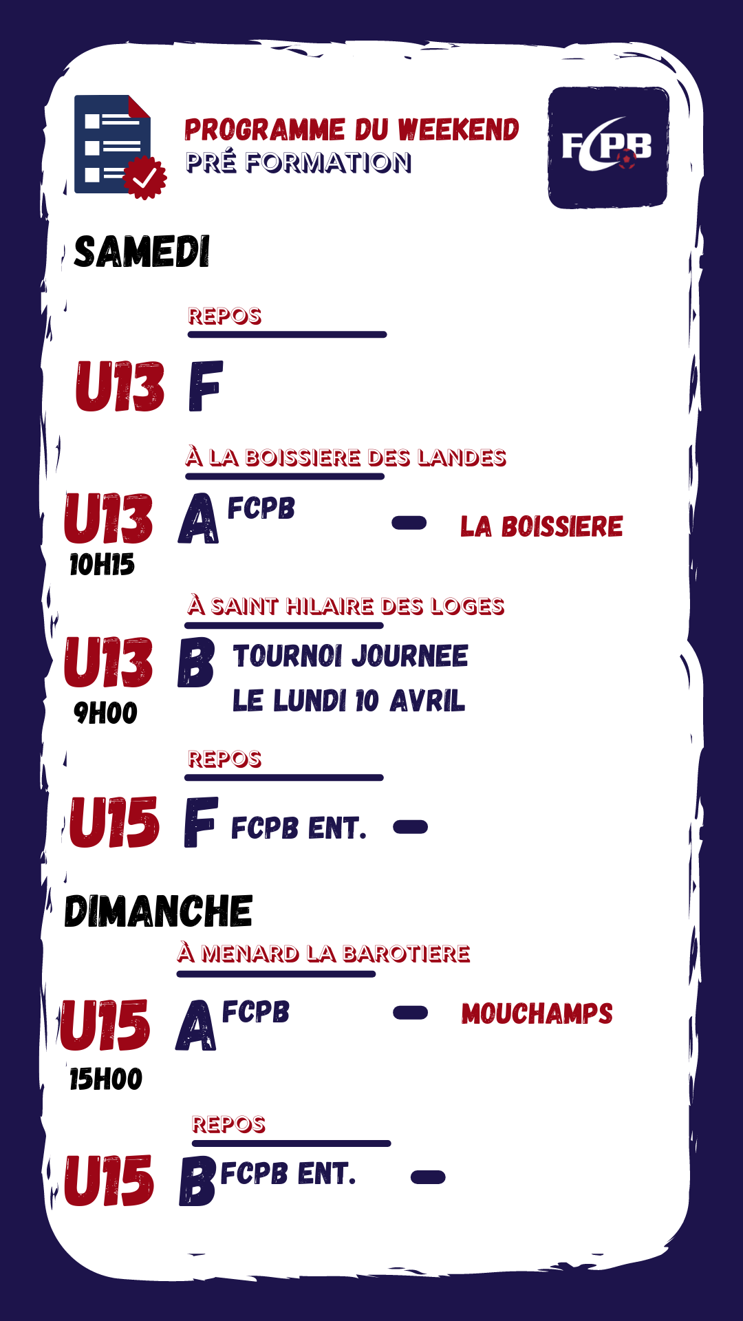 Actualité Programme du week end club Football FCPB L Hermenault